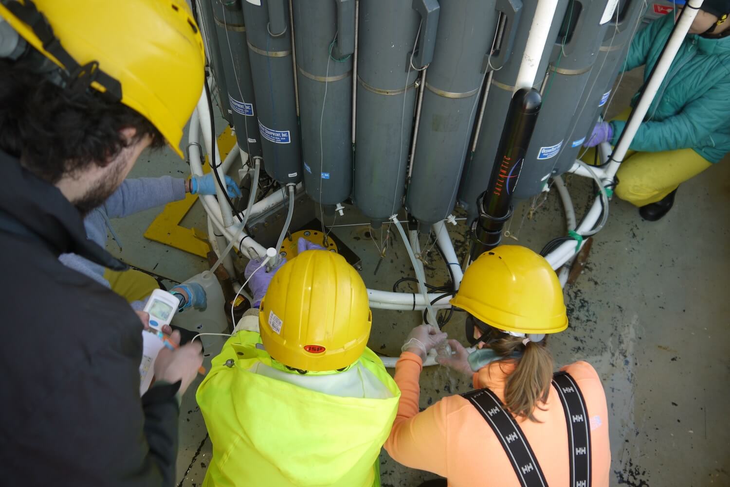 It's all hands on deck to collect samples when the CTD comes out of the water.