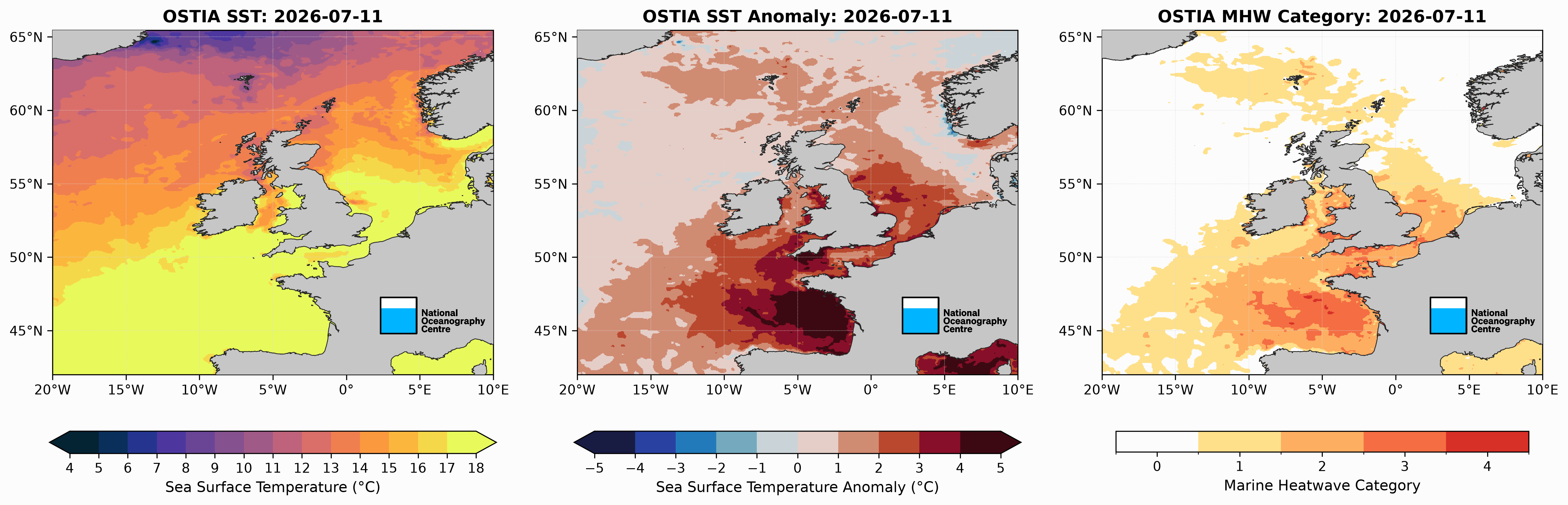 Marine heatwave maps depicting anomalies