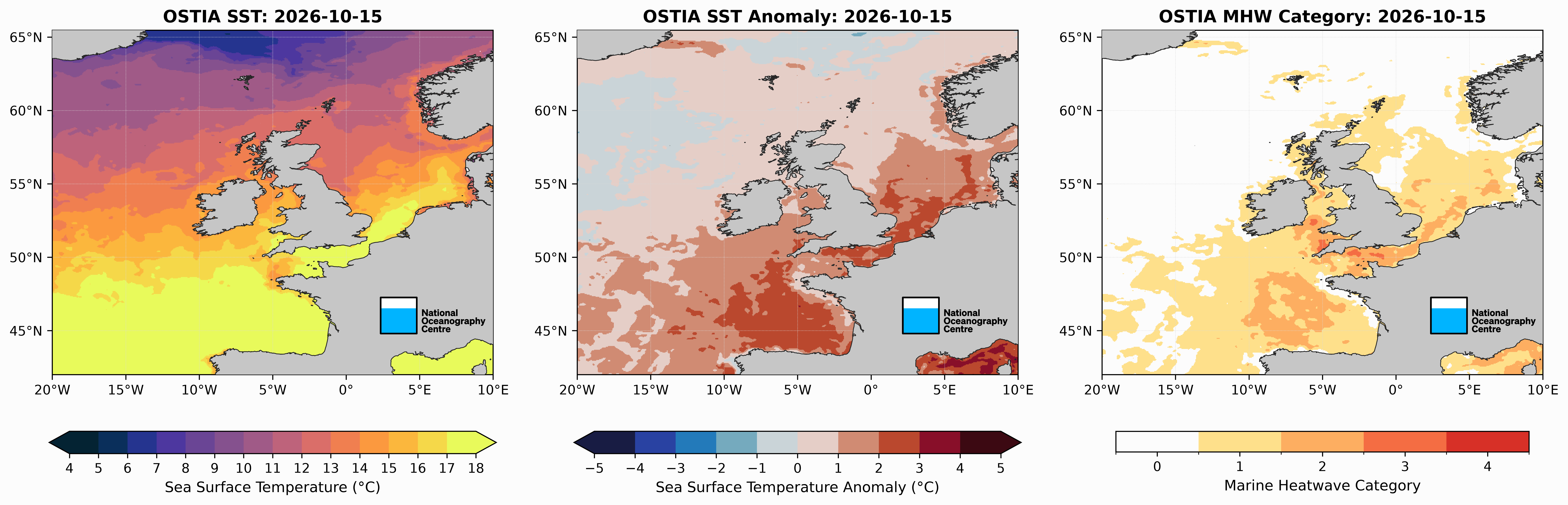Sea Surface Temperature Maps around the UK for 15 October 2026