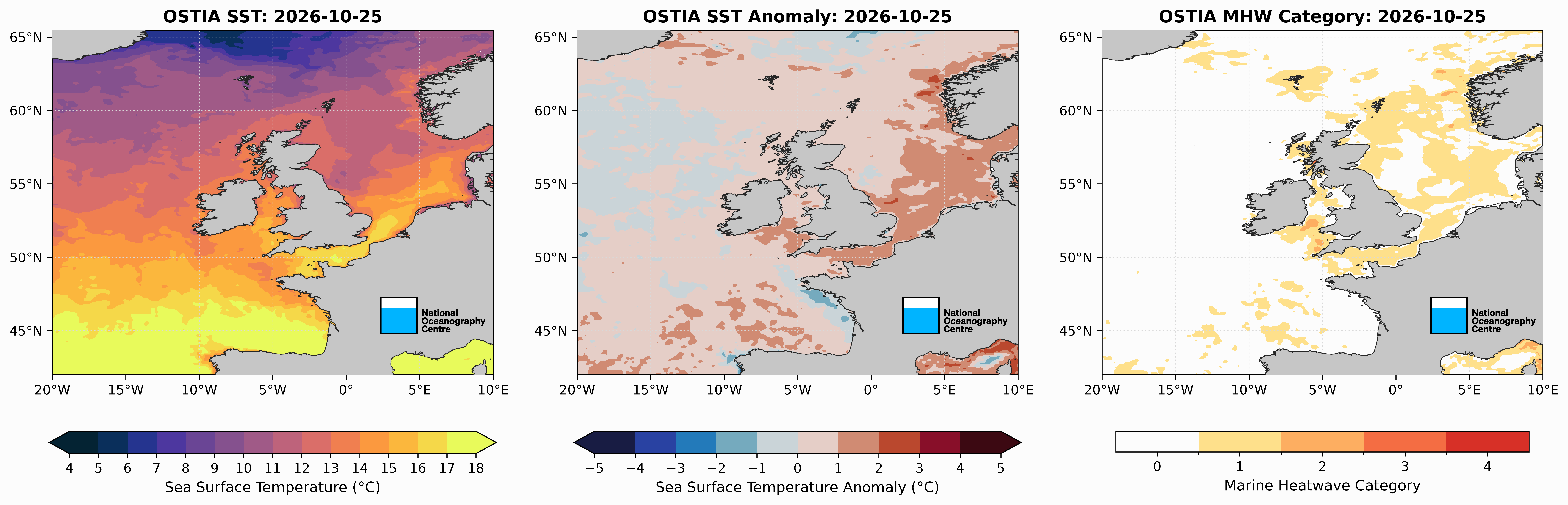 Sea Surface temperatures around the UK as of 25 October 2026
