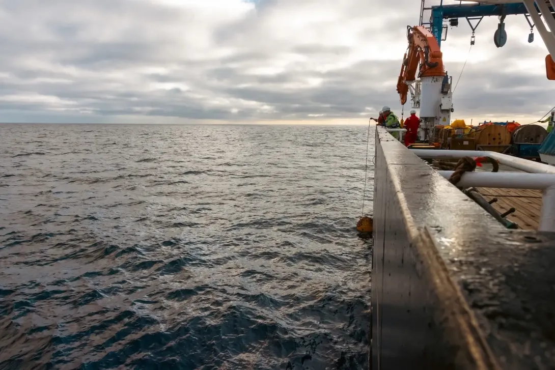 Mooring being dropped into the ocean on the back deck of RRS Discovery
